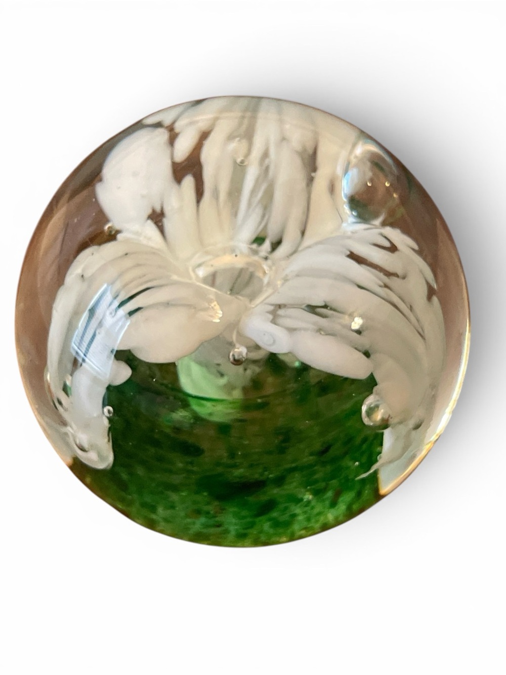 Vintage 1980s Art Glass Paperweight – Floral Design – Green & White